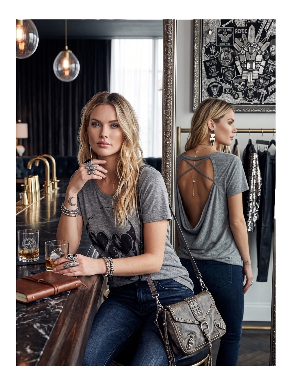 new Chaser ☻︎ Heart Eye Skull Draped Open Cross Back Tee T Shirt ☻ ︎Heather ☻︎ L